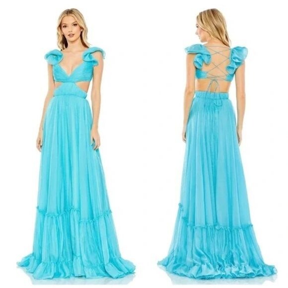Mac Duggal 70254 Ruched Ruffled Cut Out Lace Up Gown Maxi Dress Turquoise Size 4